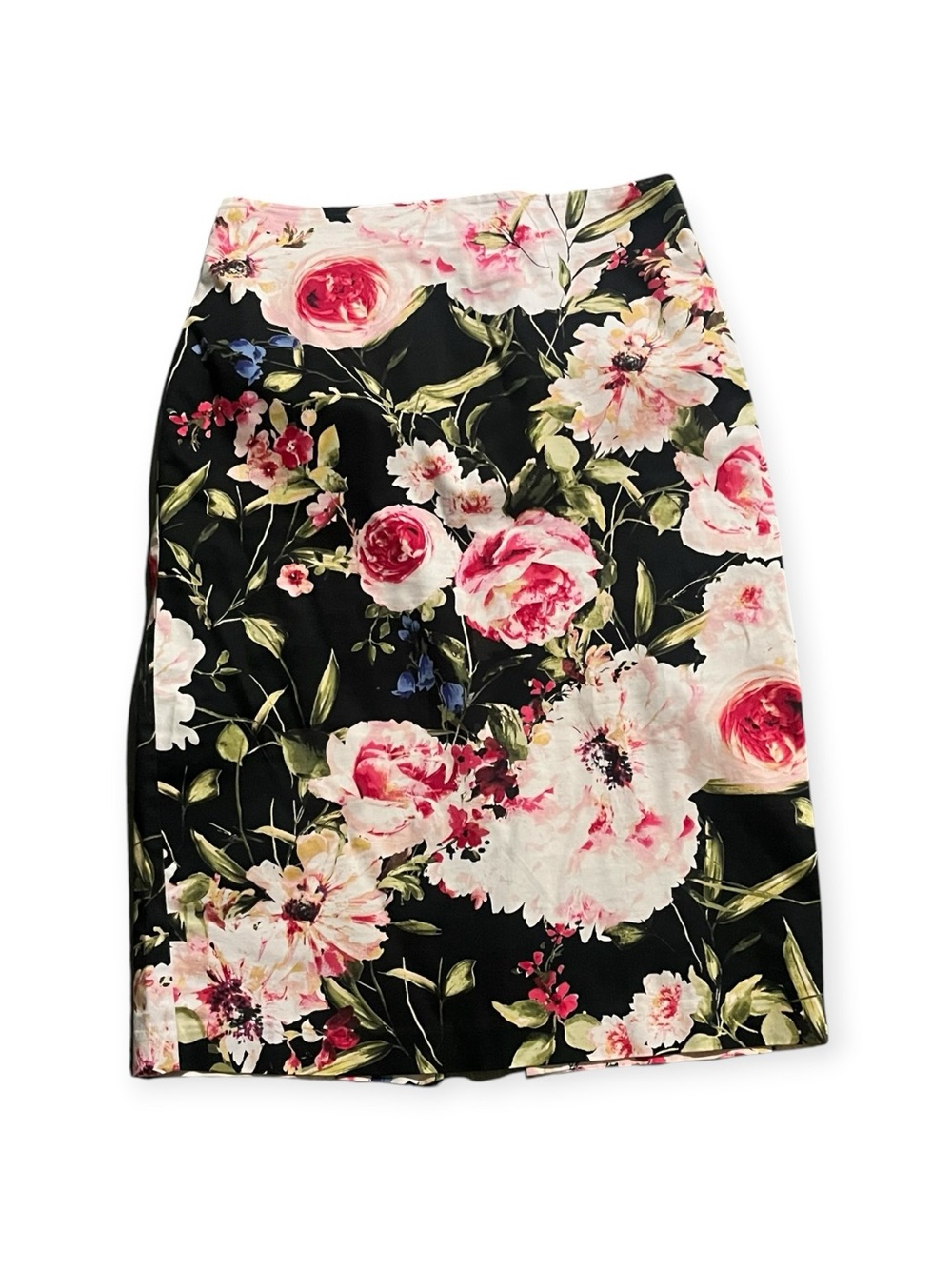 New York & Co.-Black Floral Midi Skirt with Pink Rose Print Size 6